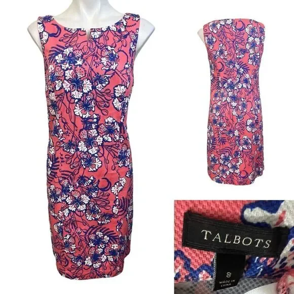 Talbots dress size 8 pink multicolor sleeveless cotton blend knee length office - Picture 1 of 5